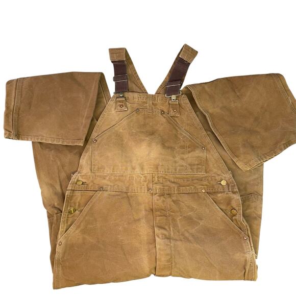Carhartt Duck Canvas Overalls Vintage Thrashed Double Knee Bibs Made in USA - Picture 1 of 11